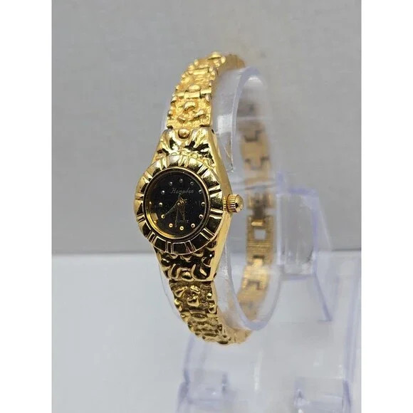 Hampden Women Quartz Goldtone Nugget Bracelet Watch Japan Movt New Battery Black